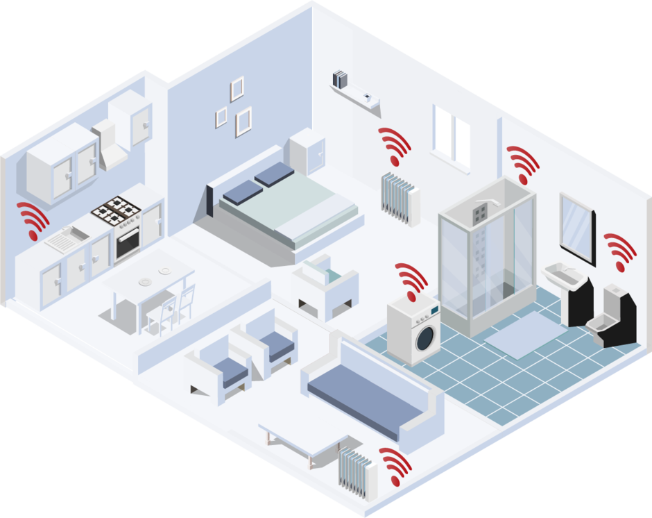 Illustrated apartment from a bird's eye view to illustrate submetering. The connection to the LoRaWAN network of various objects in the apartment such as heating, the washing machine, the toilet and the shower are marked by a red WIFI symbol on the object.
