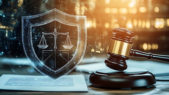 Das Bild zeigt ein Schutzschild und einen Hammer um die Rechtsprechung zu symbolisieren.