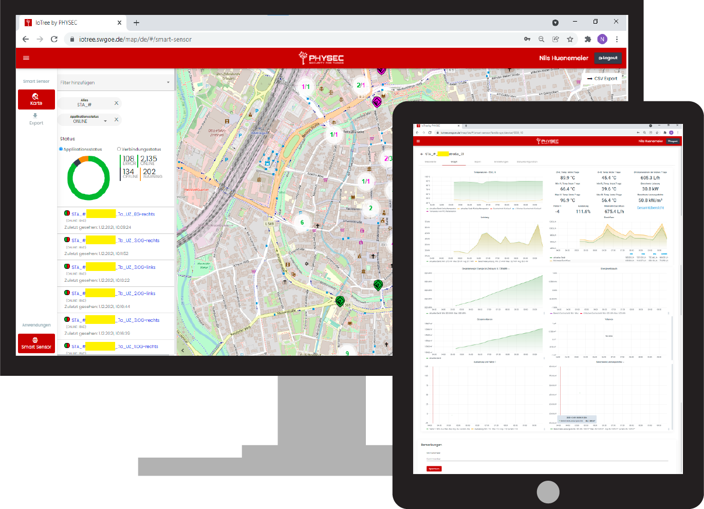 Verschiedene Seiten, wie zum Beispiel die Karte der Serviceplattform IoTree auf einem Desktop und einem Tablet.